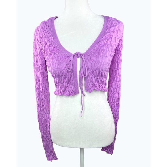 Free People Scrunchy Shrug Purple Long Sleeve Cropped Tie Front Cardigan Size XS - Picture 3 of 14
